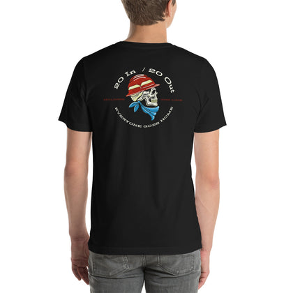 Holding the Line, Skull with wildland helmet , phrase 20 in / 20 out, everyone goes home Black unisex tee shirt.