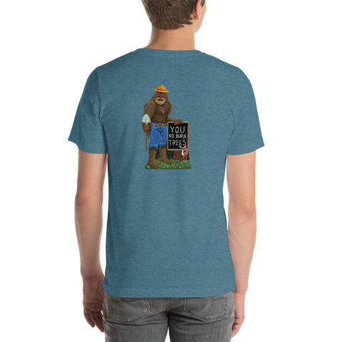 Ranger Squatchy sending next to a fire prevention sign with fawn in heather deep teal