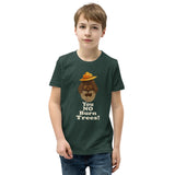 Fire Brand Gear unisex tee in heather forest green (M-3XL) with our Squatchy character and the phrase "You No Burn Trees"