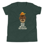 Fire Brand Gear unisex tee in heather forest green (M-3XL) with our Squatchy character and the phrase "You No Burn Trees"